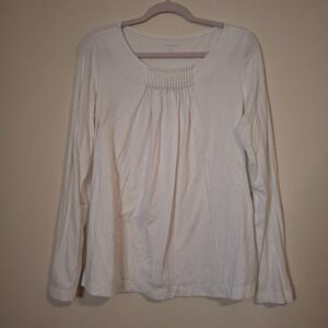 Lands‎ End Size Large Long Sleeve T Shirt Ivory Jersey Knit Pleated Neckline